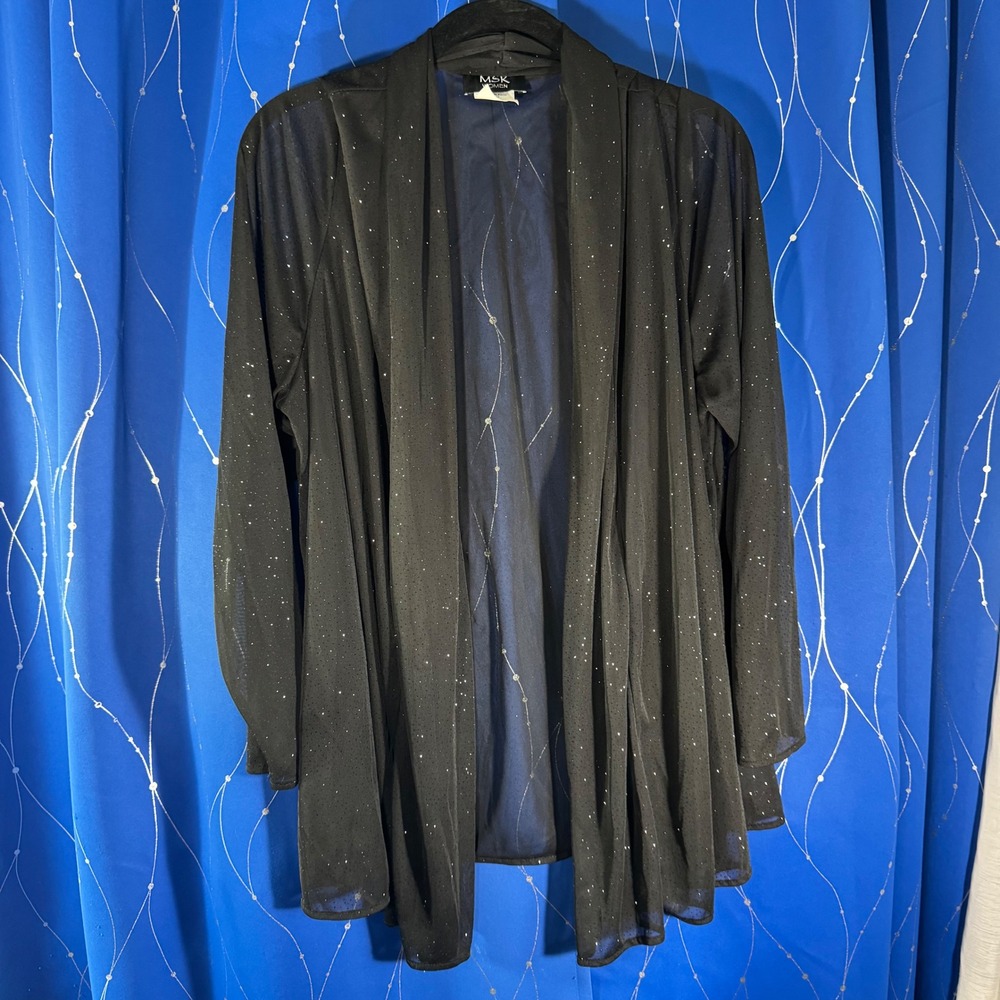 MSK Women Black Sparkle Mesh Open Front Cardigan Kimono Duster 2X